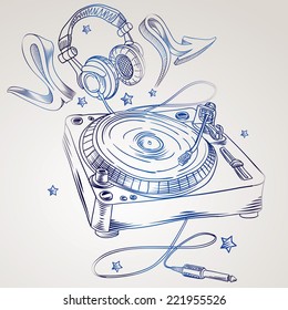 Hand-drawn turntable & headphones