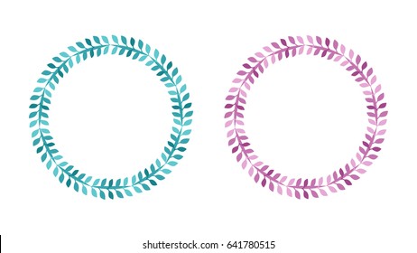Hand-Drawn Turquoise and Purple Wreath of Leaves, Set of Two - Vector Illustration