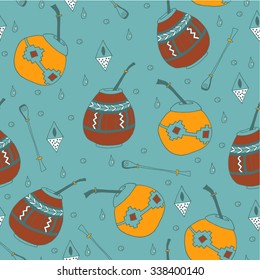 Hand-drawn turquoise seamless pattern with ornaments of mate calabash. Decorative vector ornamental background. Can be used for textile design, bag template, packaging.