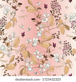 Hand-drawn twigs with flowers and leaves of apple and lilac on a light pink, ochre satin background. Tender spring seamless vector pattern. Square repeating design for fabric and wallpaper.