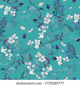 Hand-drawn twigs with flowers and leaves of apple and lilac on a light blue, aquamarine, turquoise color  background. Tender spring seamless vector pattern. Square repeating design for fabric