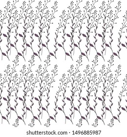 Hand-drawn twigs illustration. Floral background with twigs and flowers on a white background. Lovely delicate herbs and leaves. Illustration for wallpaper, fabric, wrapping paper, design, background