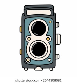 Hand-drawn twin lens box camera in vintage teal and cream colors. Flat doodle style, ideal for retro, antique tech themes, or photography design collections.