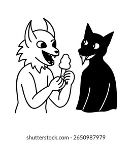 Desenhado à mão duas criaturas de desenhos animados um segurando algodão doce em um lobo monstro de vara