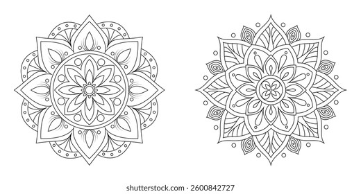 Hand-Drawn Two Detailed Floral Mandala Outlines for Coloring or Design