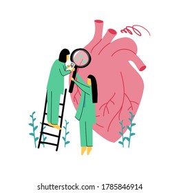 Hand-drawn two doctors examine the heart. Prevention of coronary heart disease. A bright color medical illustration isolated on a white background. The concept of public health. Cartoon character.