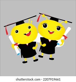 Hand-drawn two graduation bees character in cartoon style