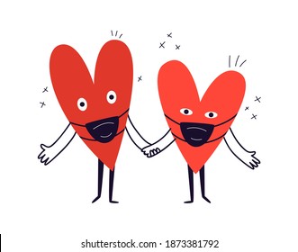 Hand-drawn two hearts in protective masks hold hands. A cute surprised couple are standing in front of them wearing dark medical masks. Vector stock illustration in cartoon style on a white background