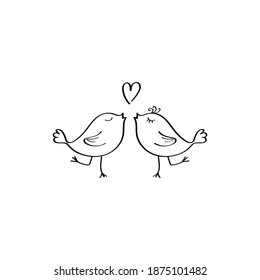 Hand-drawn two lovebirds. Illustration of the logo. Valentine's Day Doodle illustration. Vector design element for greeting and wedding cards, invitations. Black outline, isolated.