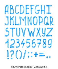 Hand-drawn type with blue alphabet, numbers and punctuation in vector