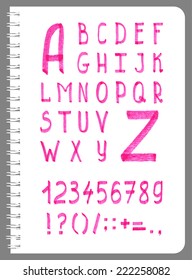 Hand-drawn type with pink alphabet, numbers and punctuation in vector