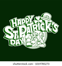 Hand-drawn typographic design lettering with shamrock and leprechaun for St.Patrick`s Day. Vector illustration can be used for post card, posters, prints and other crafts