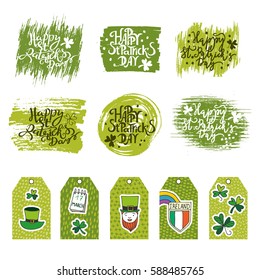 Hand-drawn typographic design template for St. Patrick's Day. Traditional symbols collection. Set of greeting and invitation cards. lettering.