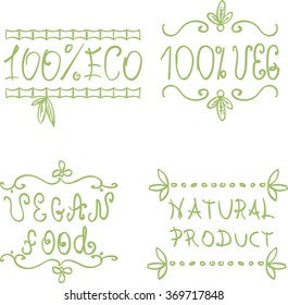 Hand-drawn typographic elements for design. Natural products and vegan food labels. Chalk textured letters.