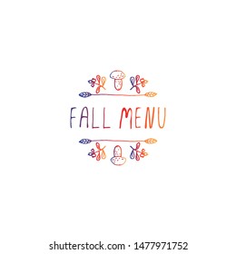 Handdrawn typographic gradient element with mushroom, berries and text on white background. Fall menu