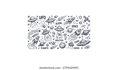 Hand-drawn UFO and alien doodle set with spaceships, rockets, planets, abduction, and cosmos illustrations.