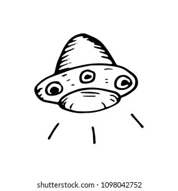 Handdrawn UFO doodle icon. Hand drawn black sketch. Sign symbol. Decoration element. White background. Isolated. Flat design. Vector illustration.