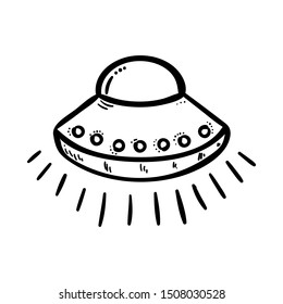 Handdrawn UFO doodle icon. Hand drawn black sketch. Sign cartoon symbol. Decoration element. White background. Isolated. Flat design. Vector illustration.