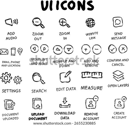 Hand-drawn UI icon set with 30 black and white symbols including upload, search, settings, zoom, message, and navigation for web or app interface design.