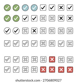 Ícones de vetor UIUX desenhados à mão Marcas de verificação X Marcas - Linha de doodle Arte Design Gráfico Ativos