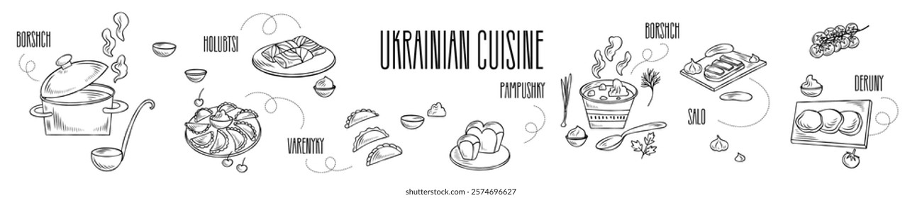 Hand-drawn Ukrainian cuisine. Borscht with sour cream, onion, parsley, dill, pampushky, tomatos, cucumber, salo, deruny, varenyky, holubtsi. Good for cookbook, menu, packaging, stickers, advertising.