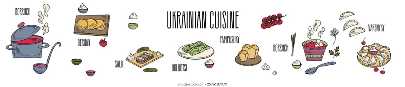 Hand-drawn Ukrainian cuisine. Borscht with sour cream, onion, parsley, dill, pampushky, tomatos, cucumber, salo, deruny, varenyky, holubtsi. Good for cookbook, menu, packaging, stickers, advertising. 