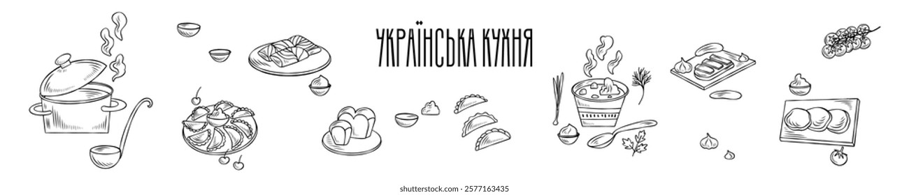 Hand-drawn Ukrainian cuisine. Borscht with sour cream, onion, parsley, dill, pampushky, tomatos, cucumber, salo, deruny, varenyky, holubtsi. Good for cookbook, menu, packaging, stickers, advertising.