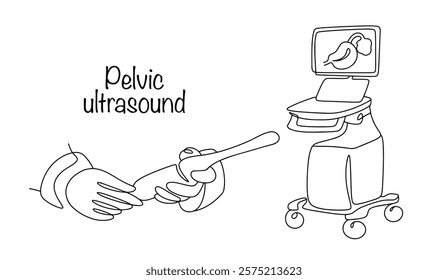 A hand-drawn ultrasound procedure to visualize the uterus, ovaries, fallopian tubes and evaluate the pelvic organs. Caring for women's health. Medical vector illustration.