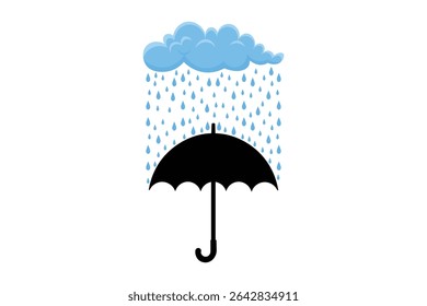 Hand-drawn umbrella with falling water drops, vector flat cartoon illustration with pastel color scheme, perfect for seamless patterns, rainy themes, and seasonal backgrounds

