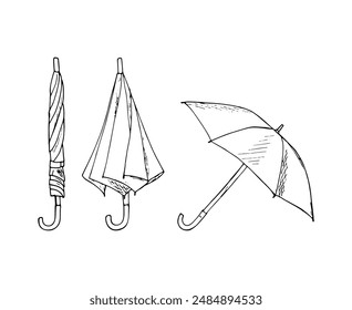 Hand-drawn umbrella. Folded, closed, and opened parasol. Isolated illustration on white background. 