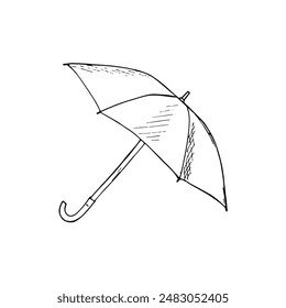 Hand-drawn umbrella. Opened, big umbrella sketch. Isolated in white background.
