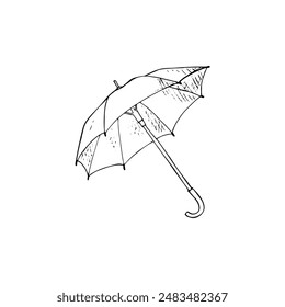 Hand-drawn umbrella sketch, isolated on white background. Closeup view. Opened umbrella. 