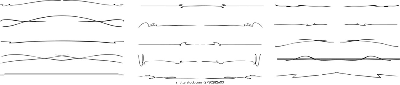 Traçados de sublinhado desenhados à mão e linhas de rabisco em tinta preta. Elementos mínimos de linha de esboço para realçar texto, ênfase e decoração. Perfeito para anotações, gráficos de mídia social, tipografia, apresentações e destaques de design moderno.