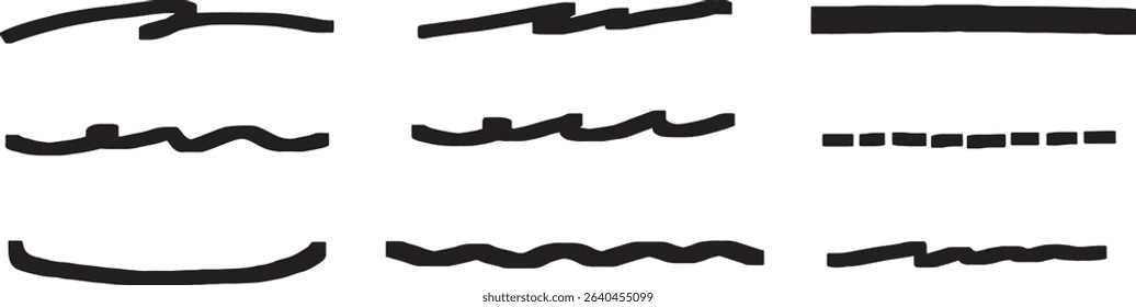 Hand-drawn Underlines, Dividers and Highlight Elements –Black Brush and Marker Vector Set
