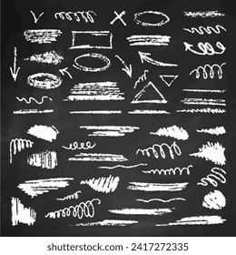 Hand-drawn underlining elements, brush with crayon effect, chalk texture on chalkboard background. Chalk stroke. Vector illustration in children's style. Crayon brush white underline.