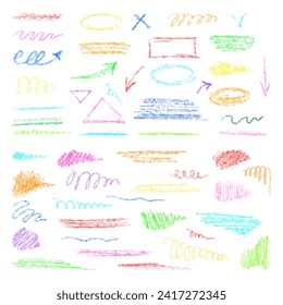 Hand-drawn underlining elements, brush with crayon effect, chalk texture. Chalk stroke for highlighting. Vector illustration in children's style. Crayon brush colored underline.