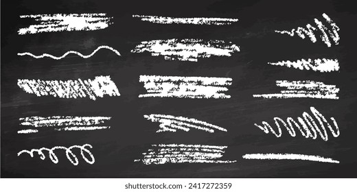 Hand-drawn underlining elements, brush with crayon effect, chalk texture on chalkboard background. Chalk stroke. Vector illustration in children's style. Crayon brush white underline.