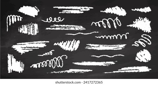 Hand-drawn underlining elements, brush with crayon effect, chalk texture on chalkboard background. Chalk stroke. Vector illustration in children's style. Crayon brush white underline.