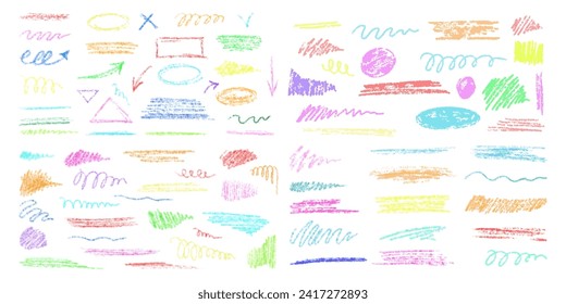 Hand-drawn underlining elements, brush with crayon effect, chalk texture. Chalk stroke for highlighting. Vector illustration in children's style. Crayon brush colored underline.