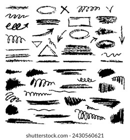 Hand-drawn underlining elements, brush with crayon effect, chalk texture. Chalk stroke for highlighting. Vector illustration in children's style. Crayon brush colored underline.