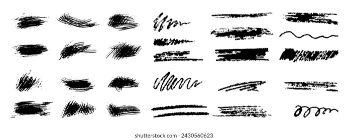 Hand-drawn underlining elements, brush with crayon effect, chalk texture. Chalk stroke for highlighting. Vector illustration in children's style. Crayon brush colored underline.