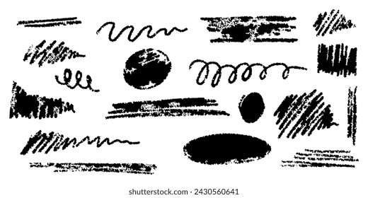 Hand-drawn underlining elements, brush with crayon effect, chalk texture. Chalk stroke for highlighting. Vector illustration in children's style. Crayon brush colored underline.
