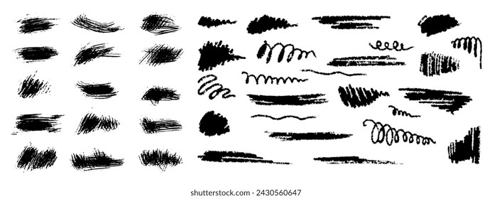 Hand-drawn underlining elements, brush with crayon effect, chalk texture. Chalk stroke for highlighting. Vector illustration in children's style. Crayon brush colored underline.