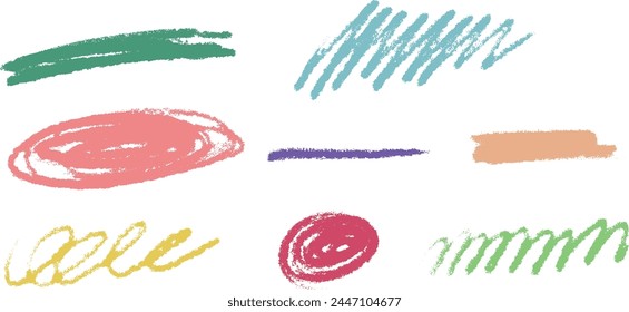 Hand-drawn underlining elements, brush with crayon effect, chalk texture. Chalk stroke for highlighting. Vector illustration in children's style. Crayon brush colored underline.