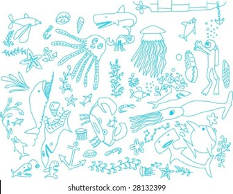 hand-drawn underwater creatures