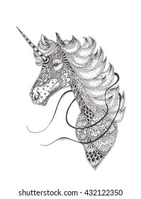 Hand-drawn unicorn with ethnic floral doodle pattern. Coloring page - zendala, design for spiritual relaxation for adults, vector illustration, isolated on a white background. Zen doodles.