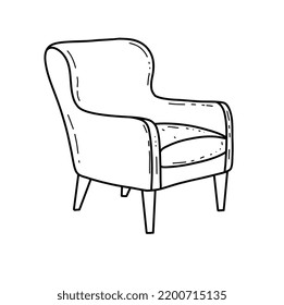 Hand-drawn upholstered chair in doodle style, sketch in black and white. An element of the interior. Vector illustration