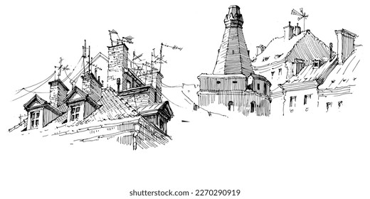 Hand-drawn urban landscape in a sketch style. Old city street with a unique charm.