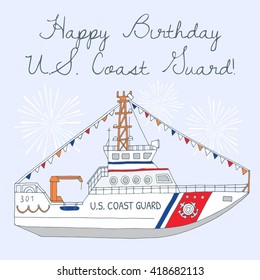 Hand-drawn U.S. Coast Guard day background, card, banner with boat