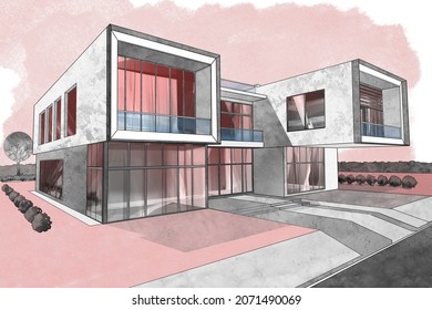 A hand-drawn (using a digital pencil and brush) conceptual sketch of the modern house for family. Modern architecture 